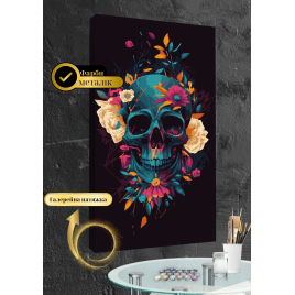 АМ-0858 череп у квітахі з фарбами металік на 3D підрамнику  